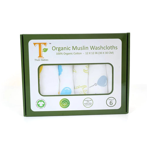 T 100% Organic Muslin Cotton Baby Washcloths - GOTS Certified - complies with CPC - Pack of 6 (White Base Sea2Sky)