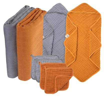 PULKRIFY Baby Essentials Set 100% Muslin Cotton Baby Hooded Bath Towels Baby Swaddle Blankets Baby Wash Cloths Exra Soft & Highly Absorbent for Newborns Infants Toddlers