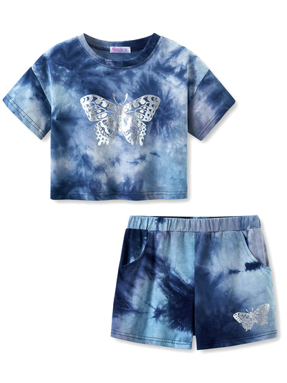 100% Cotton Tie Dye Blue Crop Top & Shorts with Butterfly Clothes Set Outfit for Big Girls Size 6