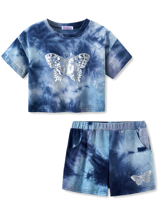 100% Cotton Tie Dye Blue Crop Top & Shorts with Butterfly Clothes Set Outfit for Big Girls Size 6